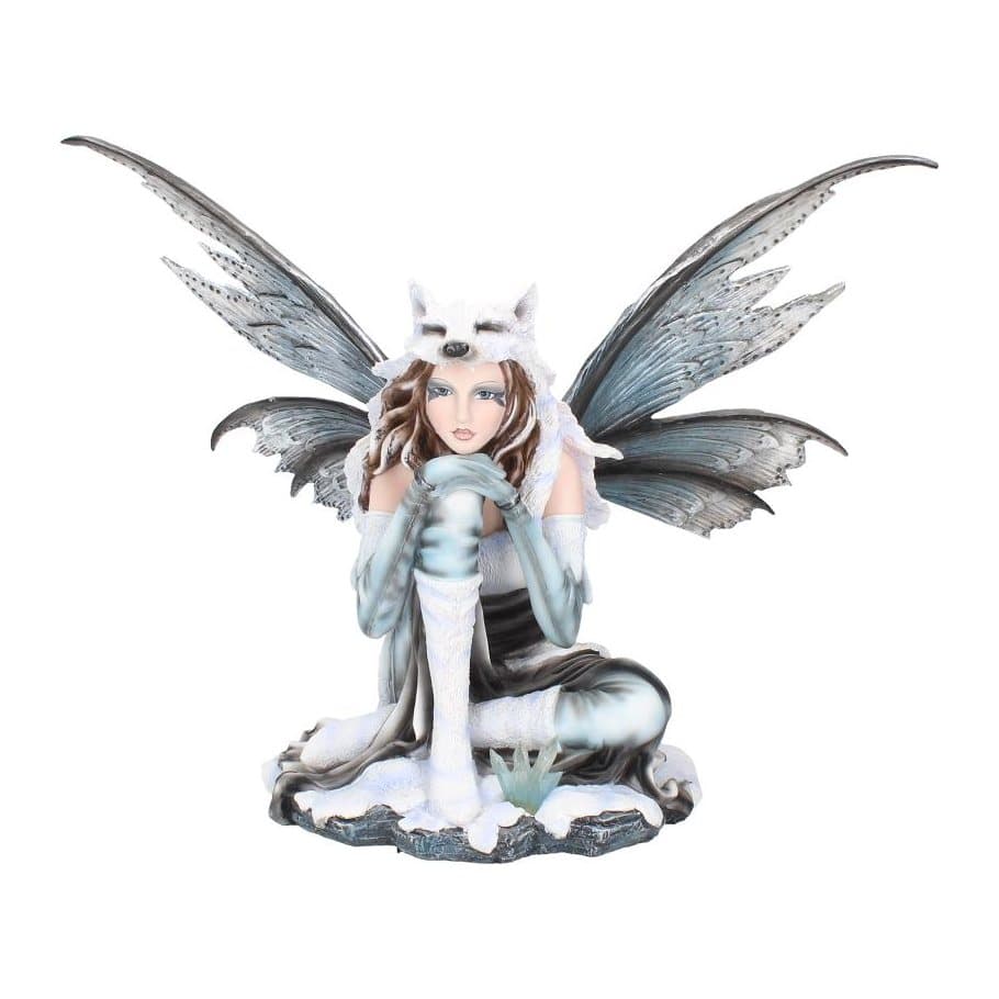 Seated winter fairy figurine with ice-like wings, white dress and wolf hide