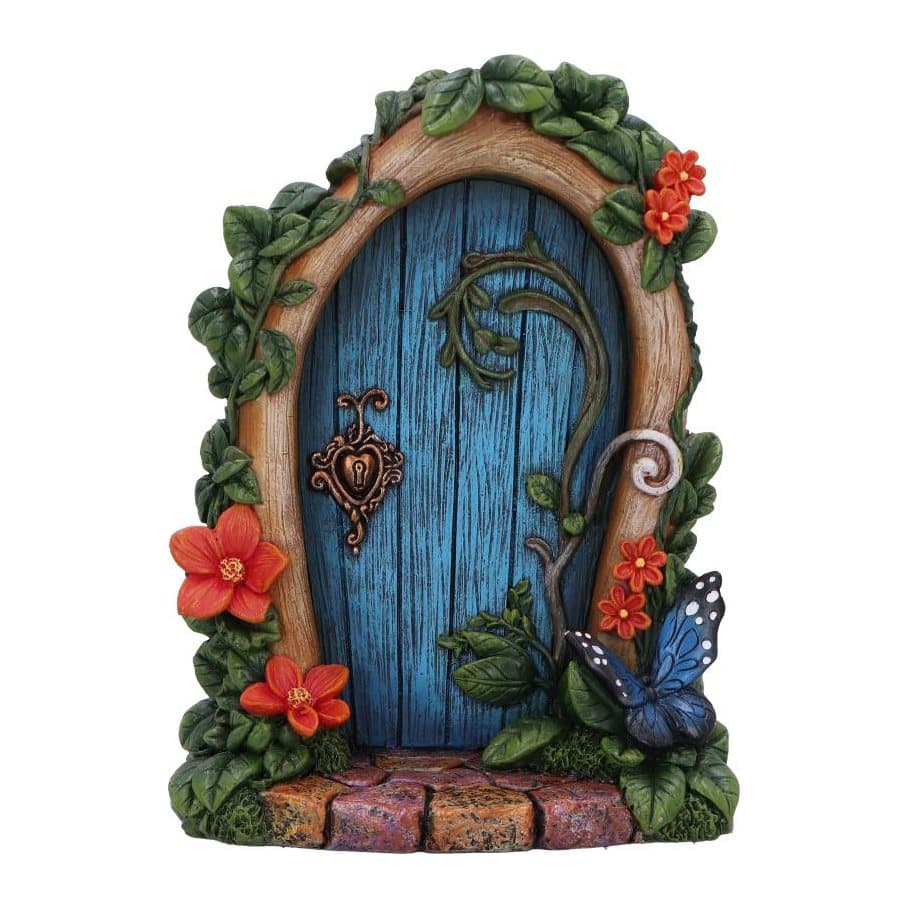 Resin fairy door with a blue door, wooden arch, flowers and butterfly