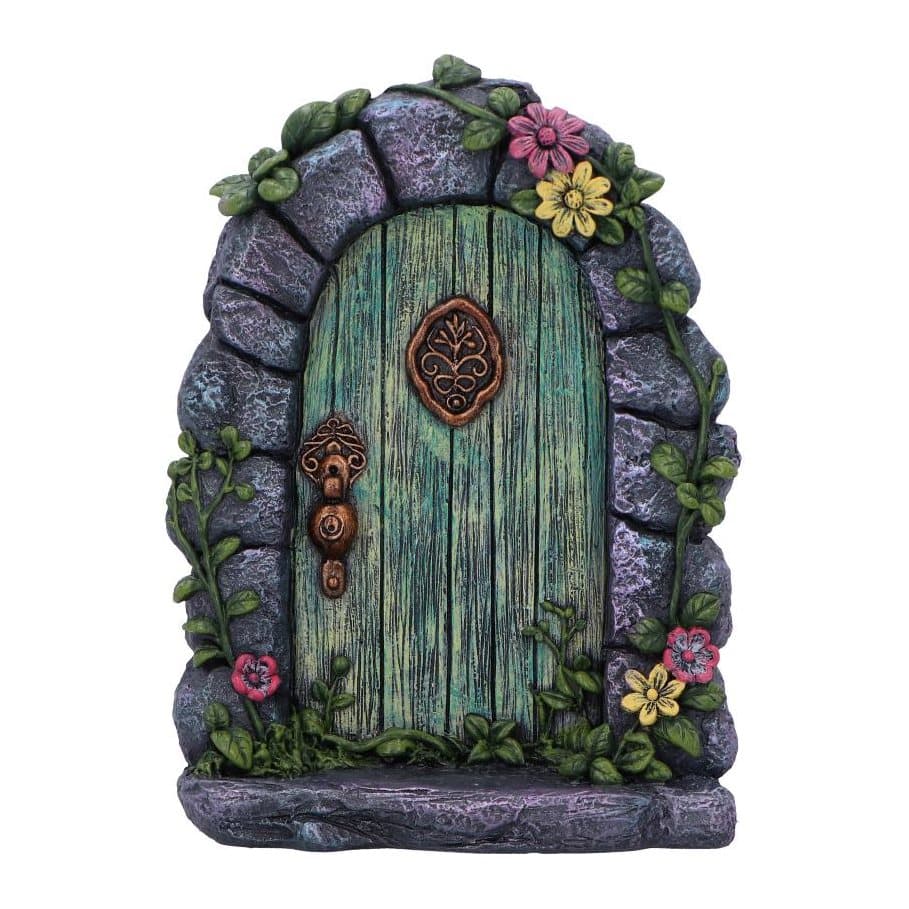 Green resin fairy door in a stone arch with vines and red and yellow flowers