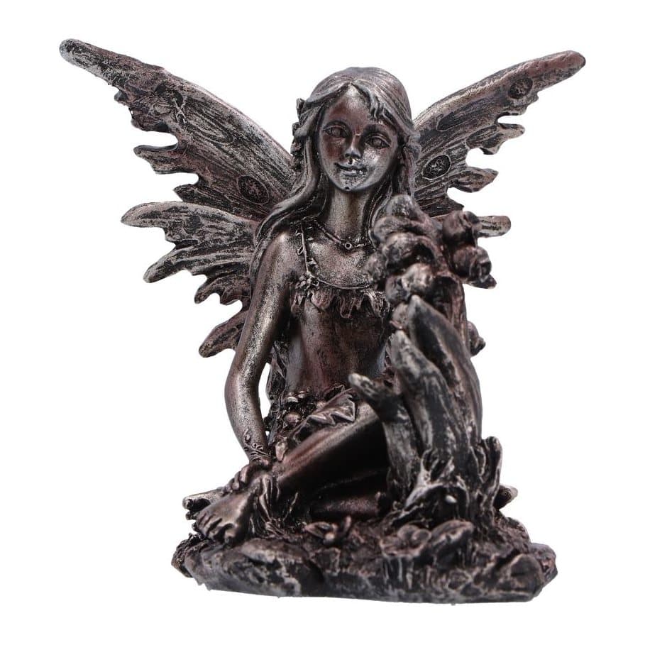 Fairy figurine sitting on a base with flowers, bronze-like finish