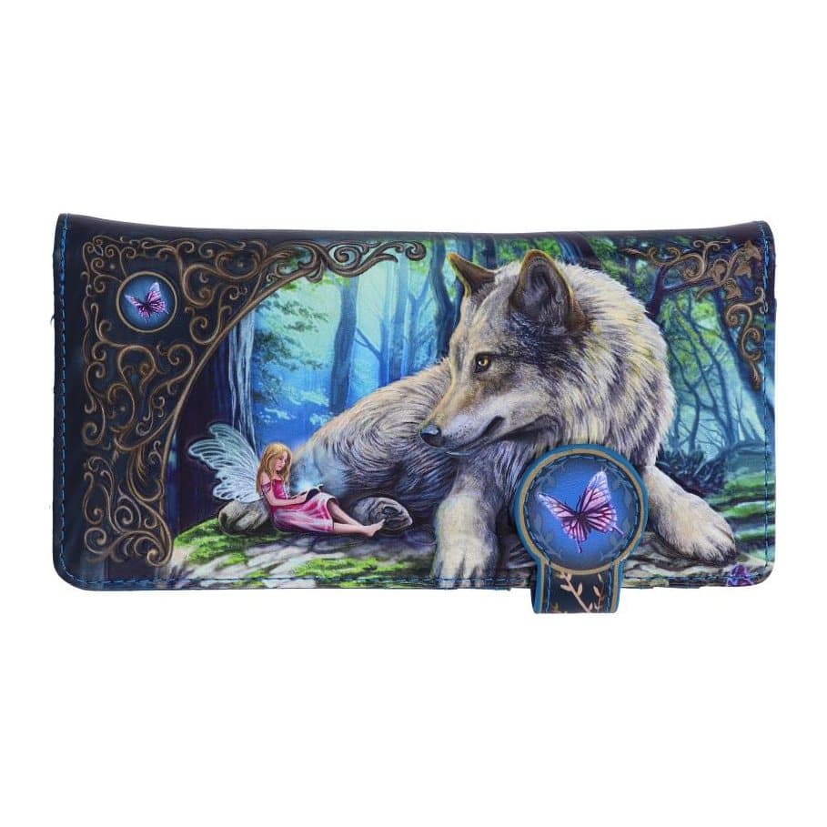 Embossed purse showing a wolf and a tiny fairy reading on a mossy rock