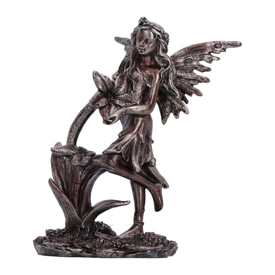 Bronze-like fairy figurine holding a large blooming flower