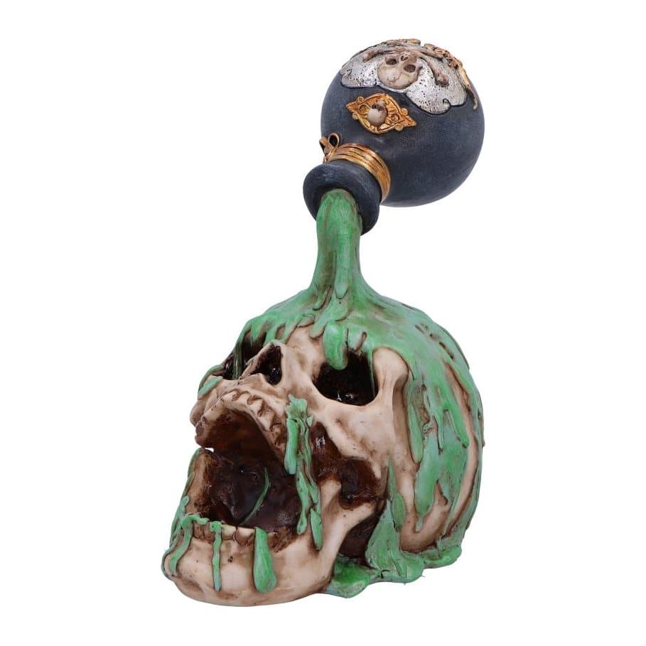 Hand-painted resin skull with green elixir pouring from a black vial