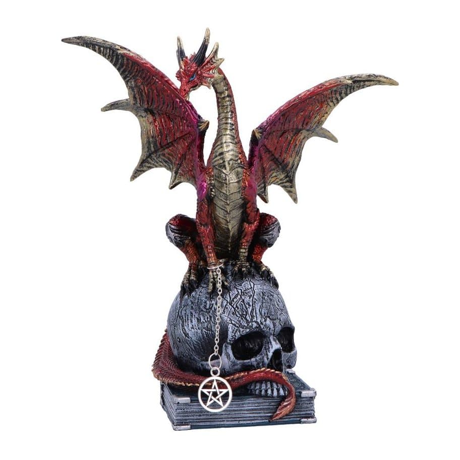 Red dragon with gold accents perched on a skull, holding a silver pentacle