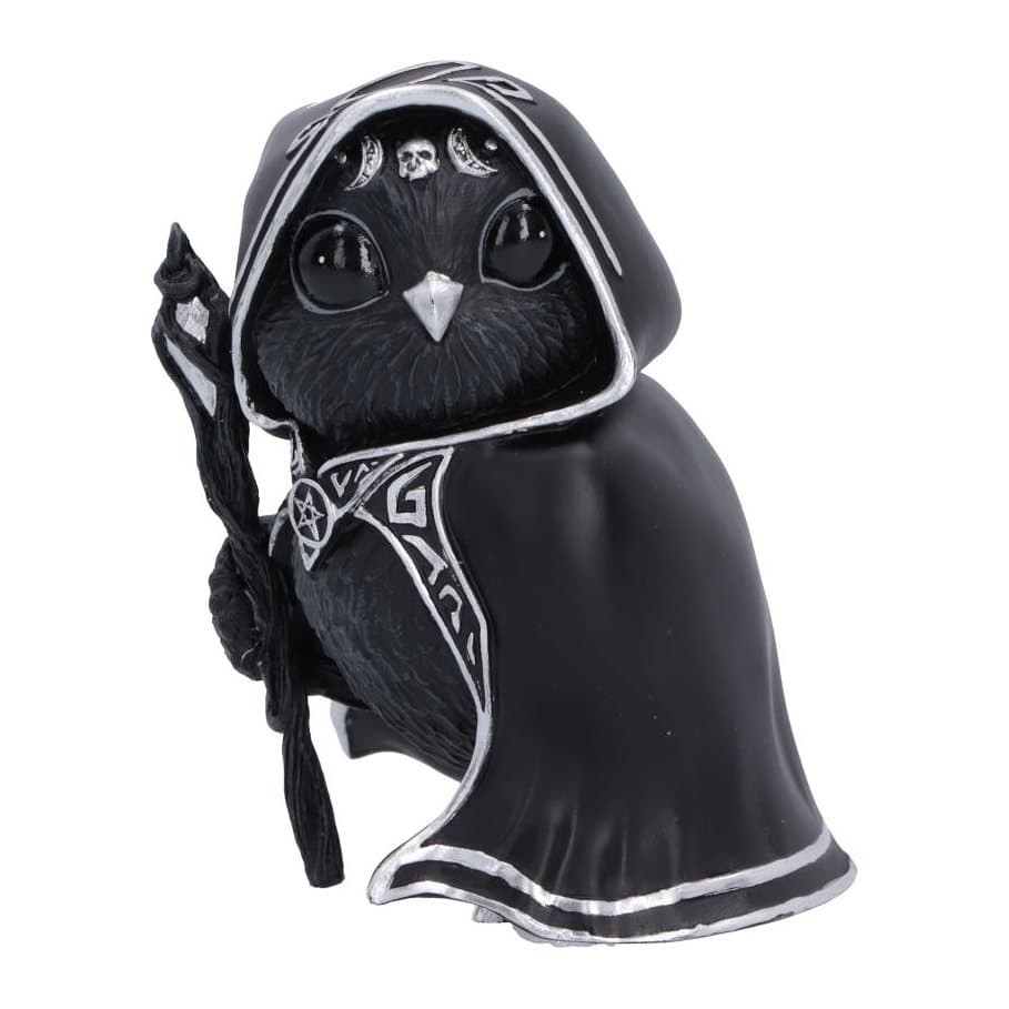 Featheros gothic bird figurine in a black cloak holding a staff