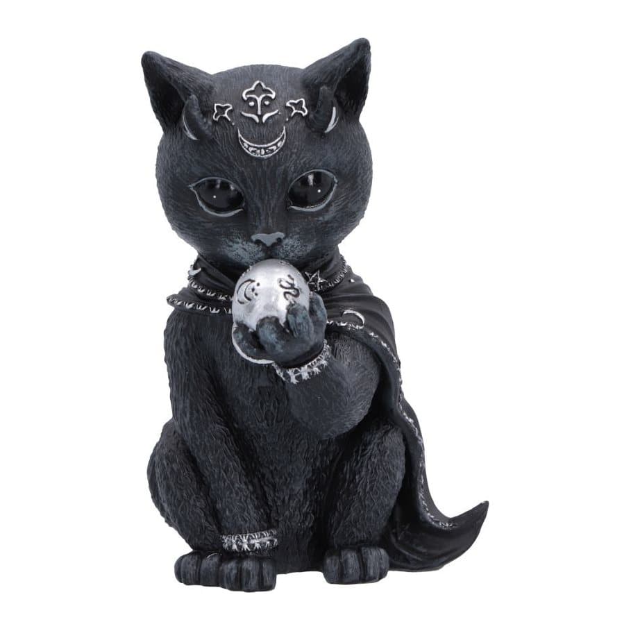 Black cat figurine with tiny horns, cape and a silver skull