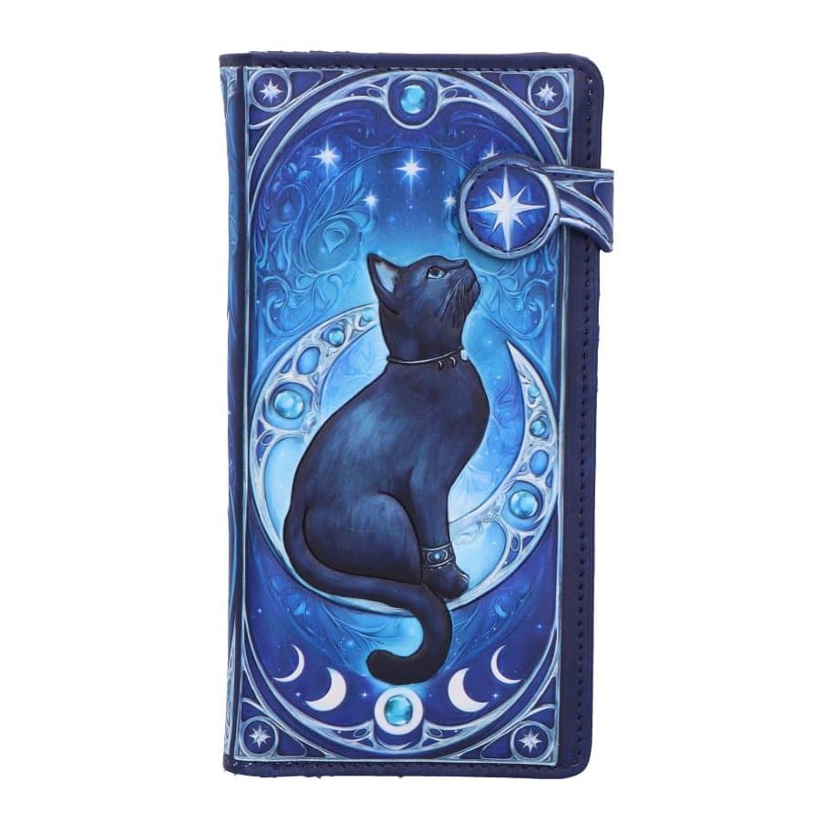 Embossed purse with black cat on blue starry background