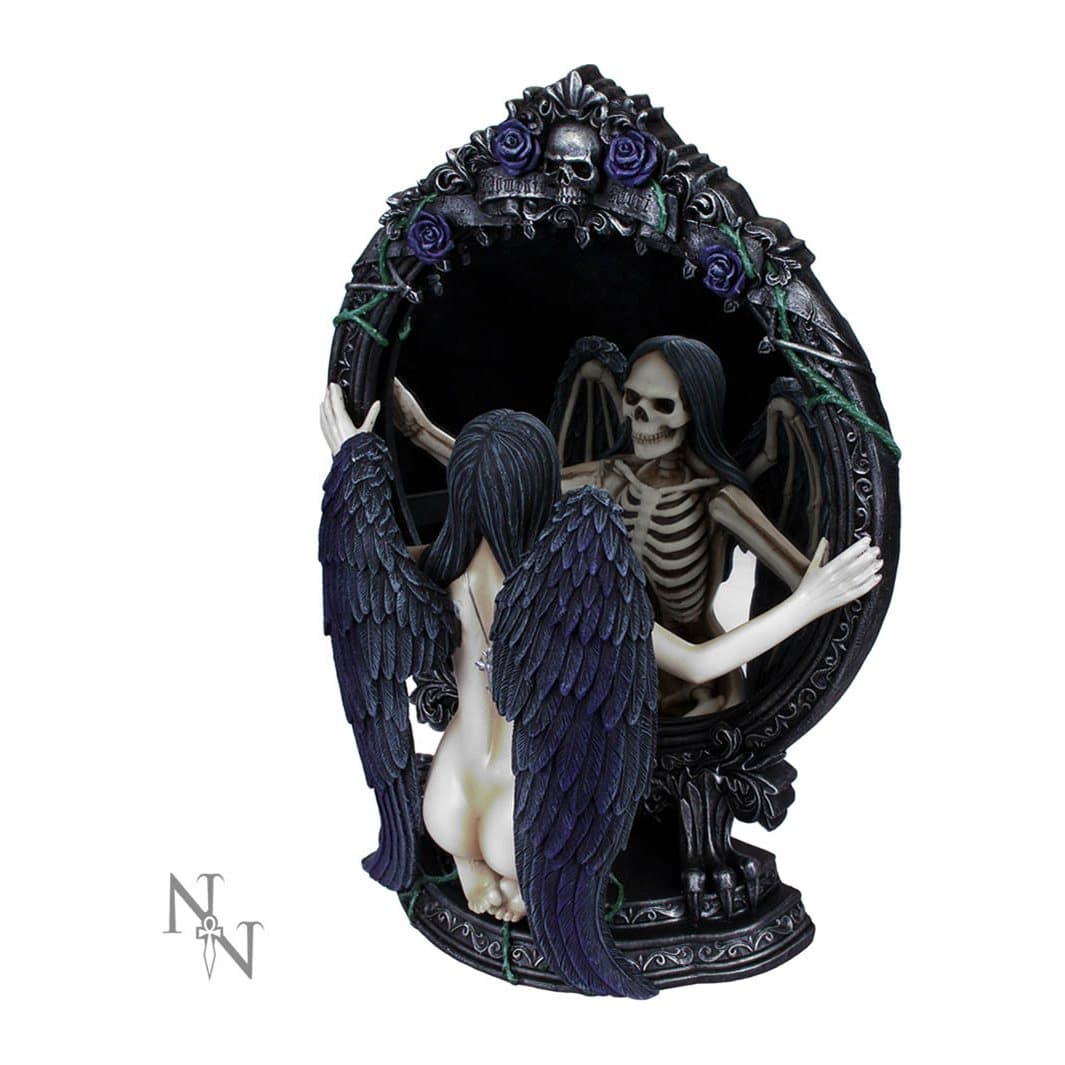 Resin black-winged angel kneeling before a mirror showing the Grim Reaper
