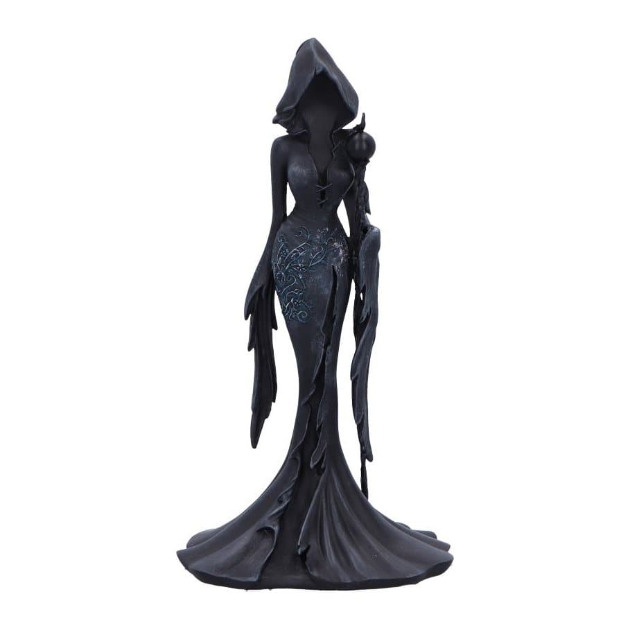 Matte black hooded seer figurine holding a wand with flowers on her robe