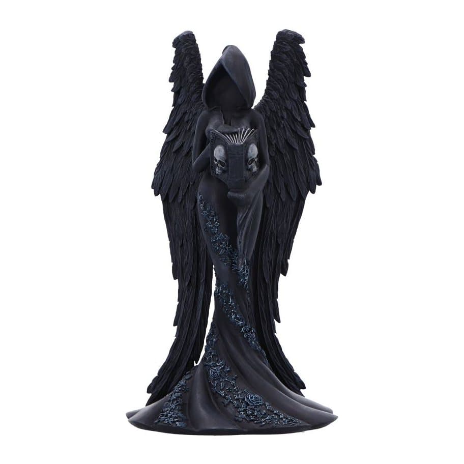 Matte black hooded woman figurine with angel wings holding a skull book