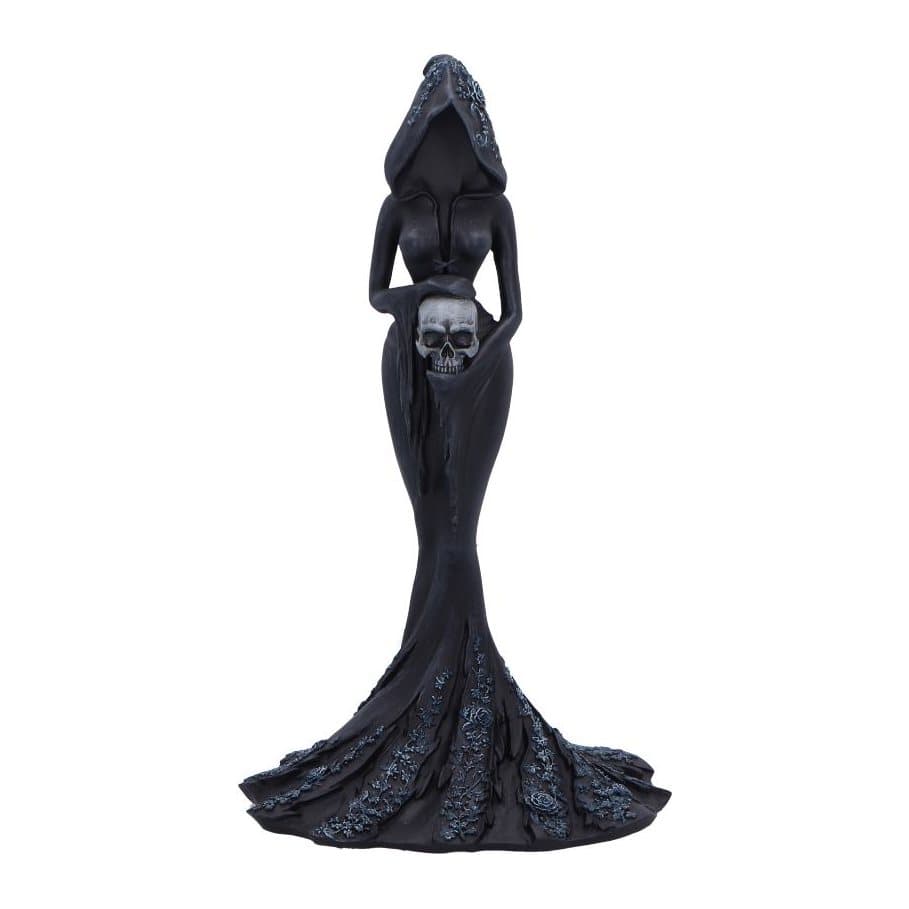 Matte black resin figurine of a hooded woman holding a skull