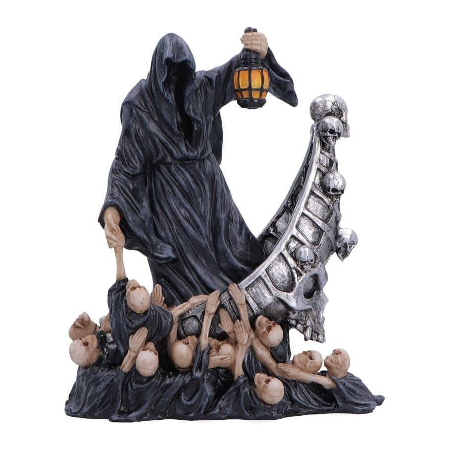 Cloaked Reaper holding a lantern on a silver skull ship figurine