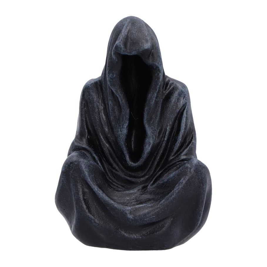 Six black Grim Reaper figurines seated cross-legged beneath dark cloaks