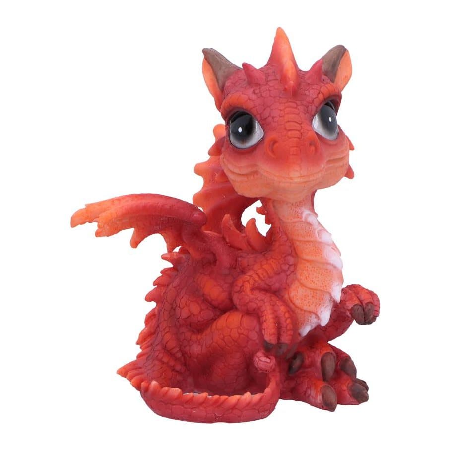 Red resin dragonling figurine with grey eyes sitting and looking upward