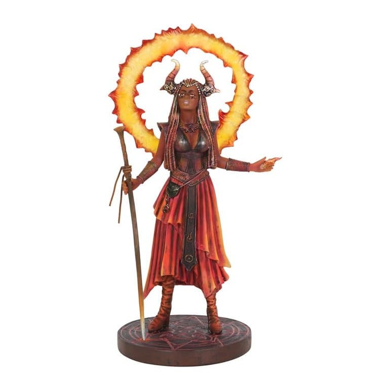 Horned sorceress figurine before a ring of yellow fire on a round base