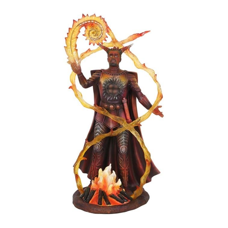 Painted figurine of a demon wizard conjuring yellow flames over a fire