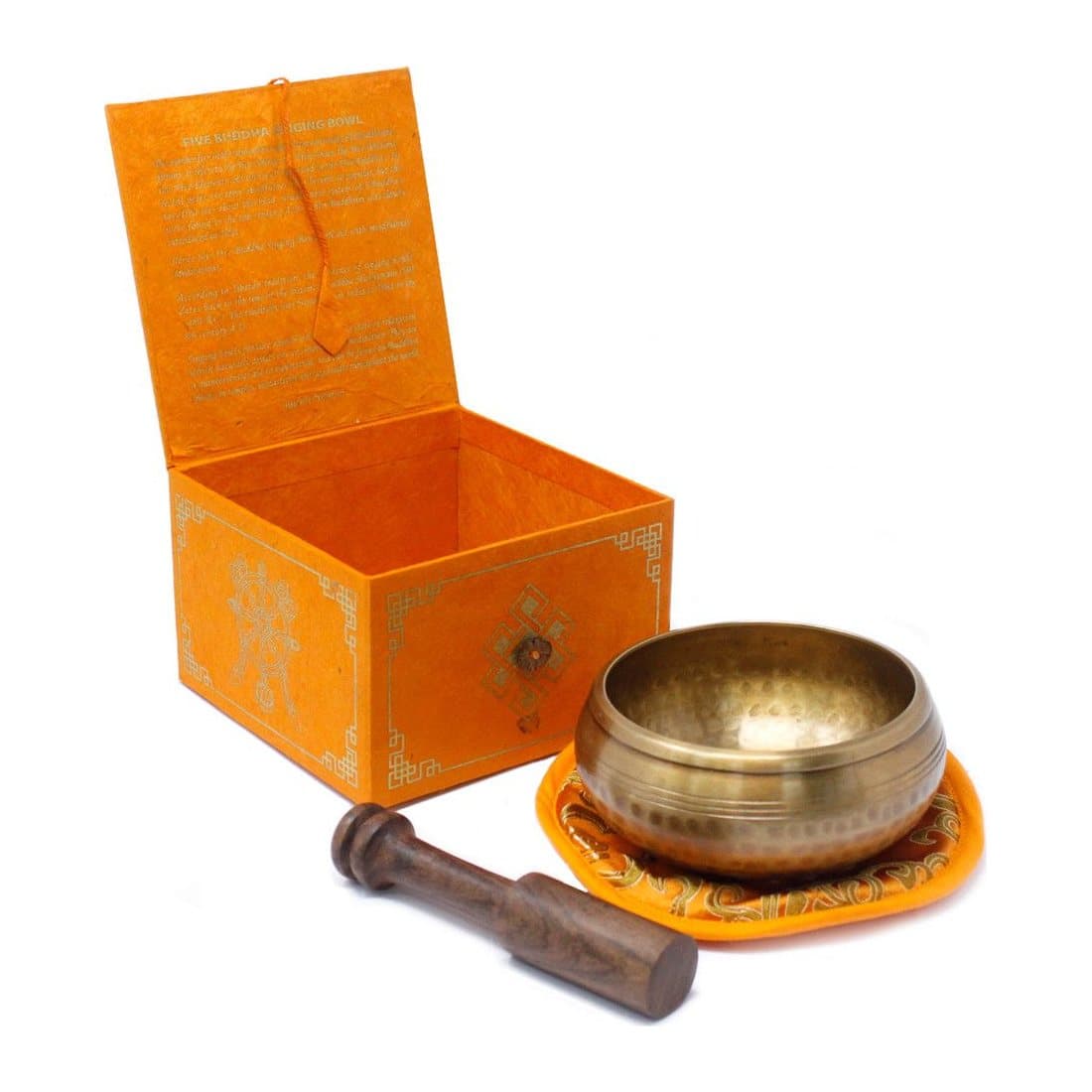 Brass Five Buddha singing bowl with cushion and wood stick