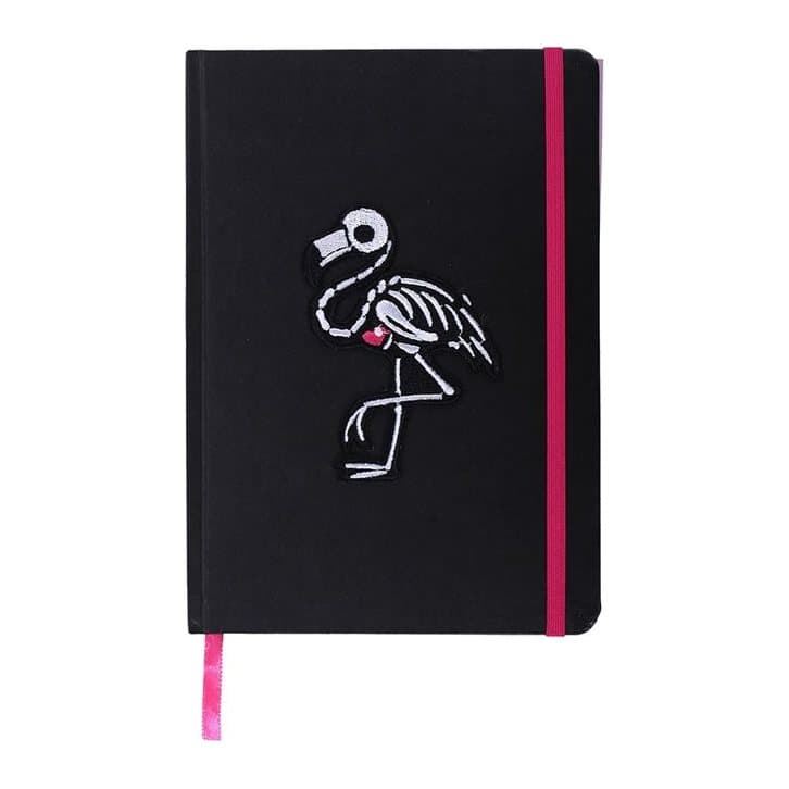 A5 notebook with skeletal Flamin-goth design, embroidered patch and sticker sheet