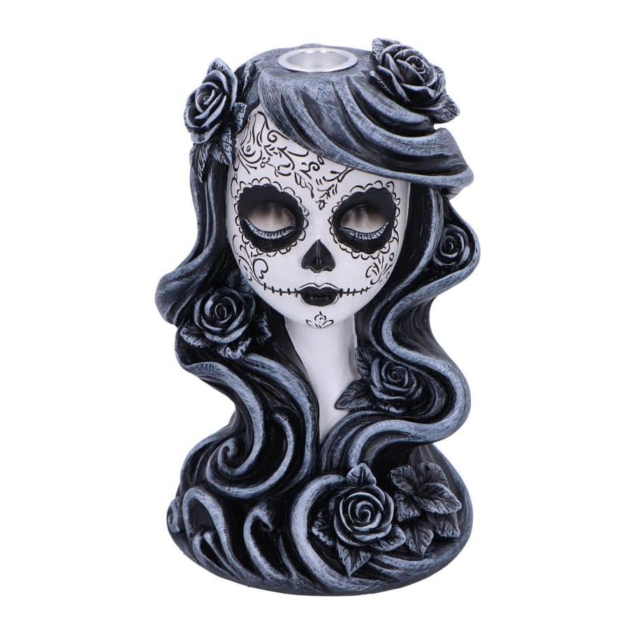 Resin backflow incense burner of a lady in Day of the Dead makeup with grey hair