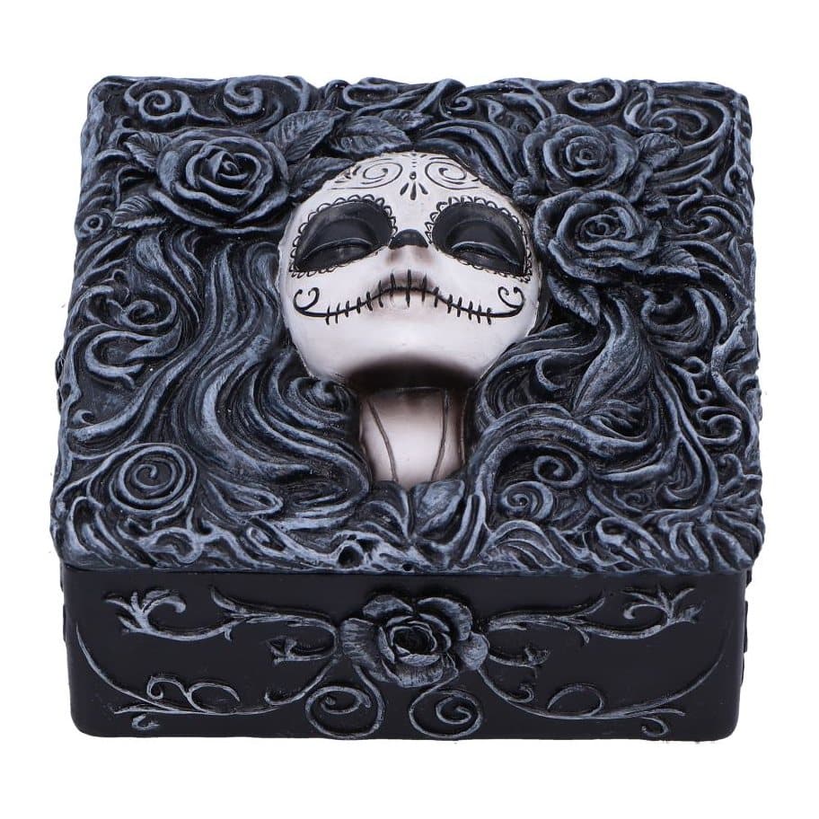 Black and white resin trinket box with a Day of the Dead girl on the lid