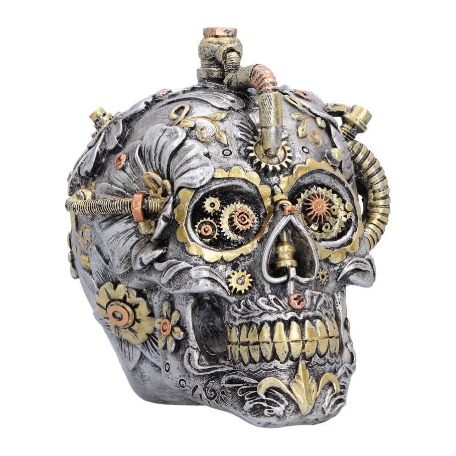 Clockwork skull ornament of gears and cogs with floral accents