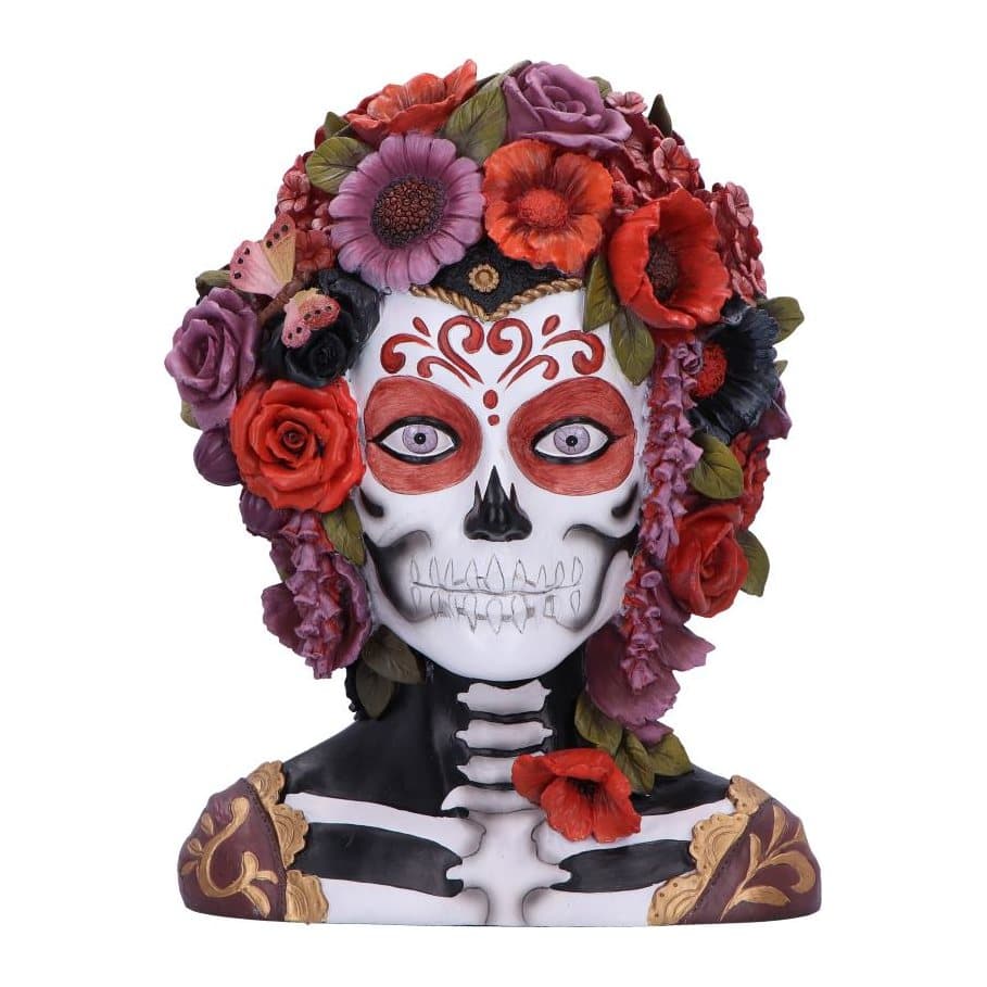 Hand-painted resin bust with Day of the Dead skeletal face and a bouquet of flowers