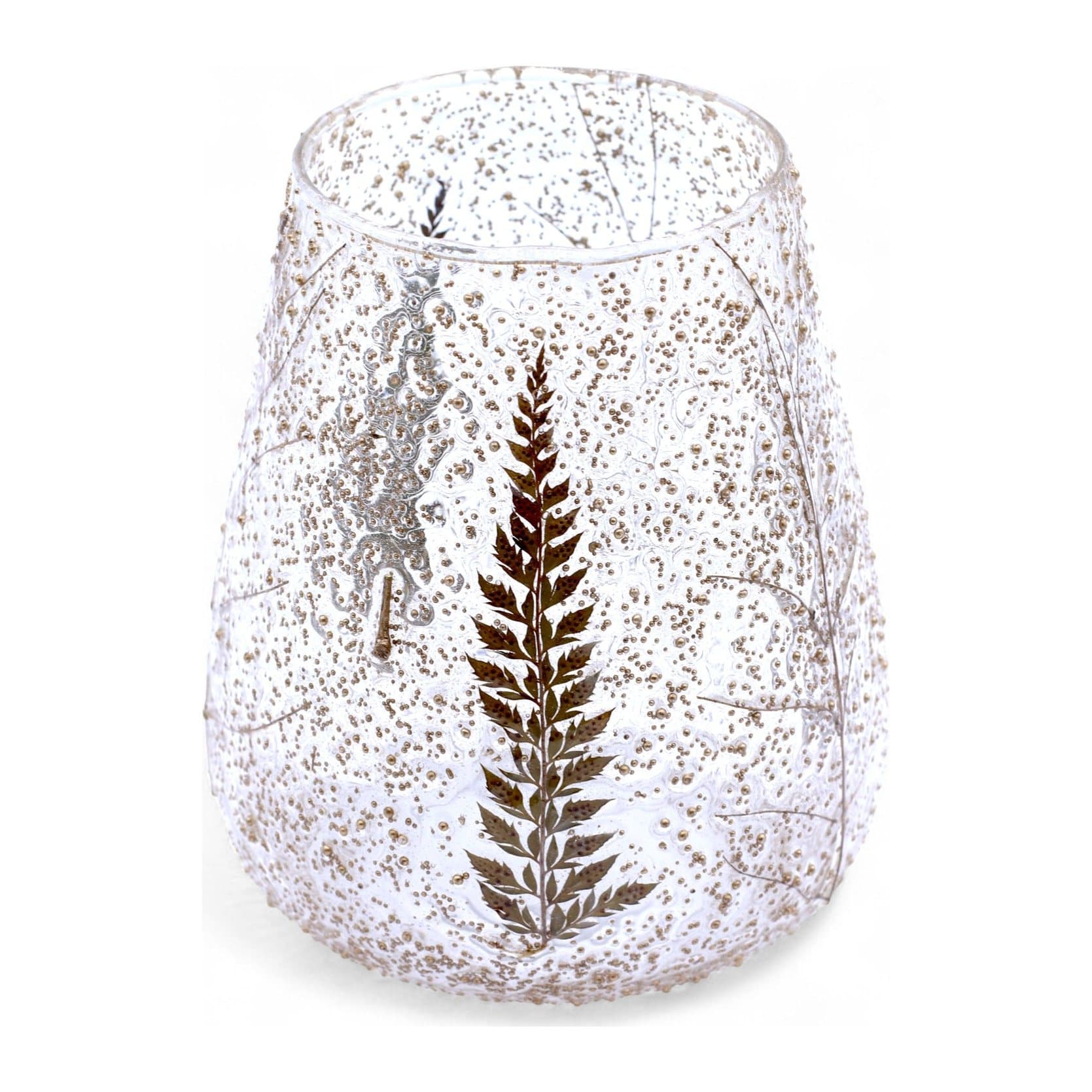 Glass bowl candle holder with real fern leaves and branches