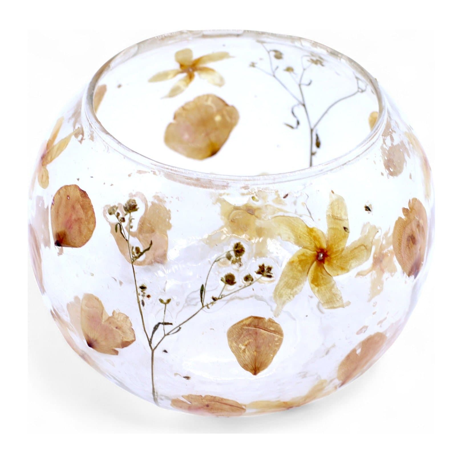 Large glass bowl candle holder with real pressed flowers and petals in the glass