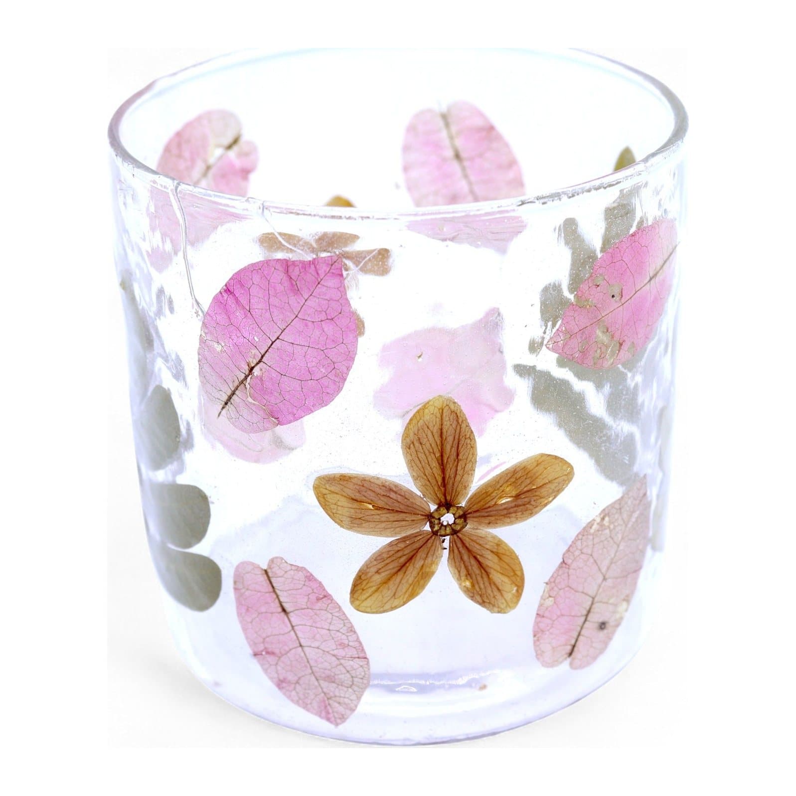 Glass candle holder with pressed pink blossoms and leaves in the glass