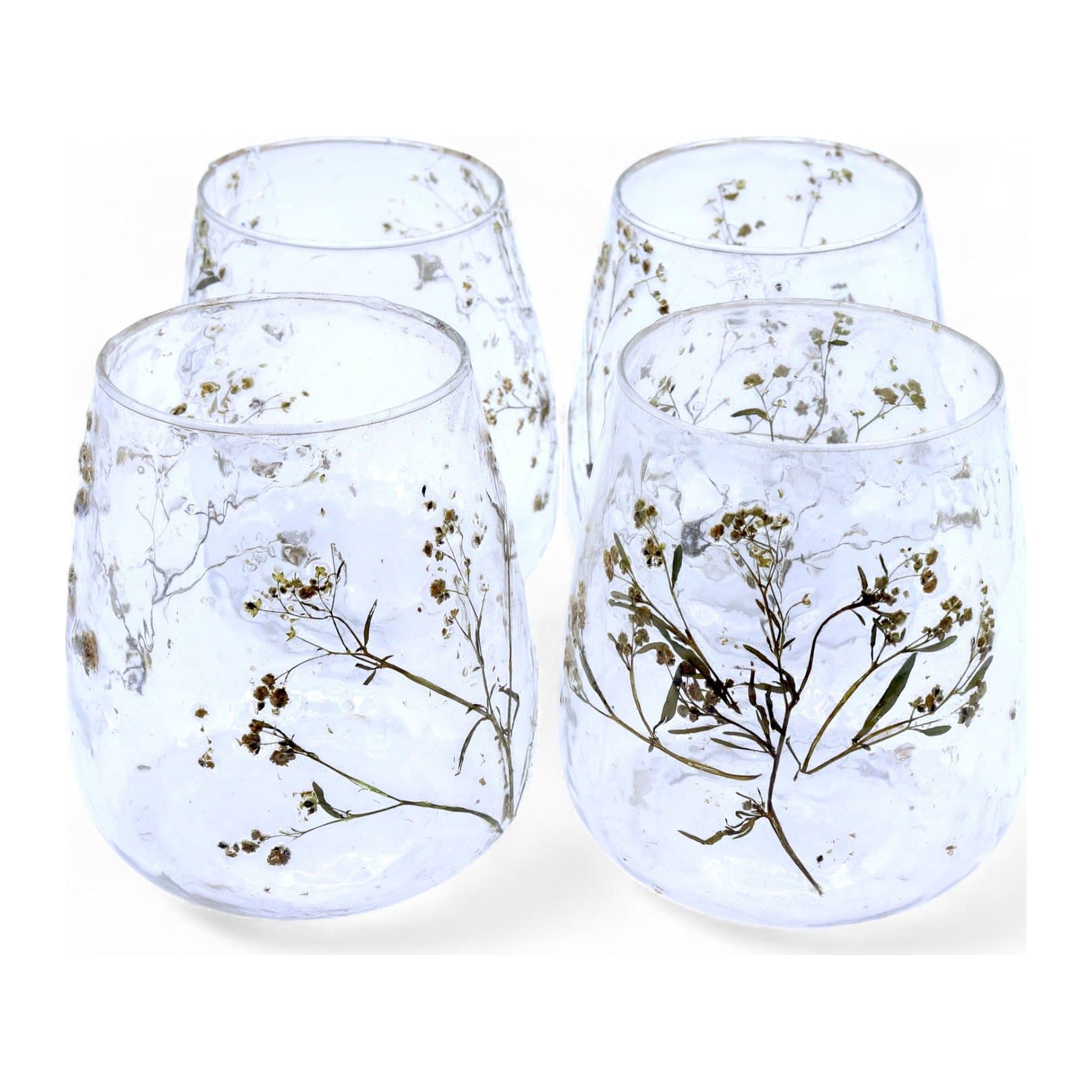 Clear recycled glass candle holder with real dried flowers inside