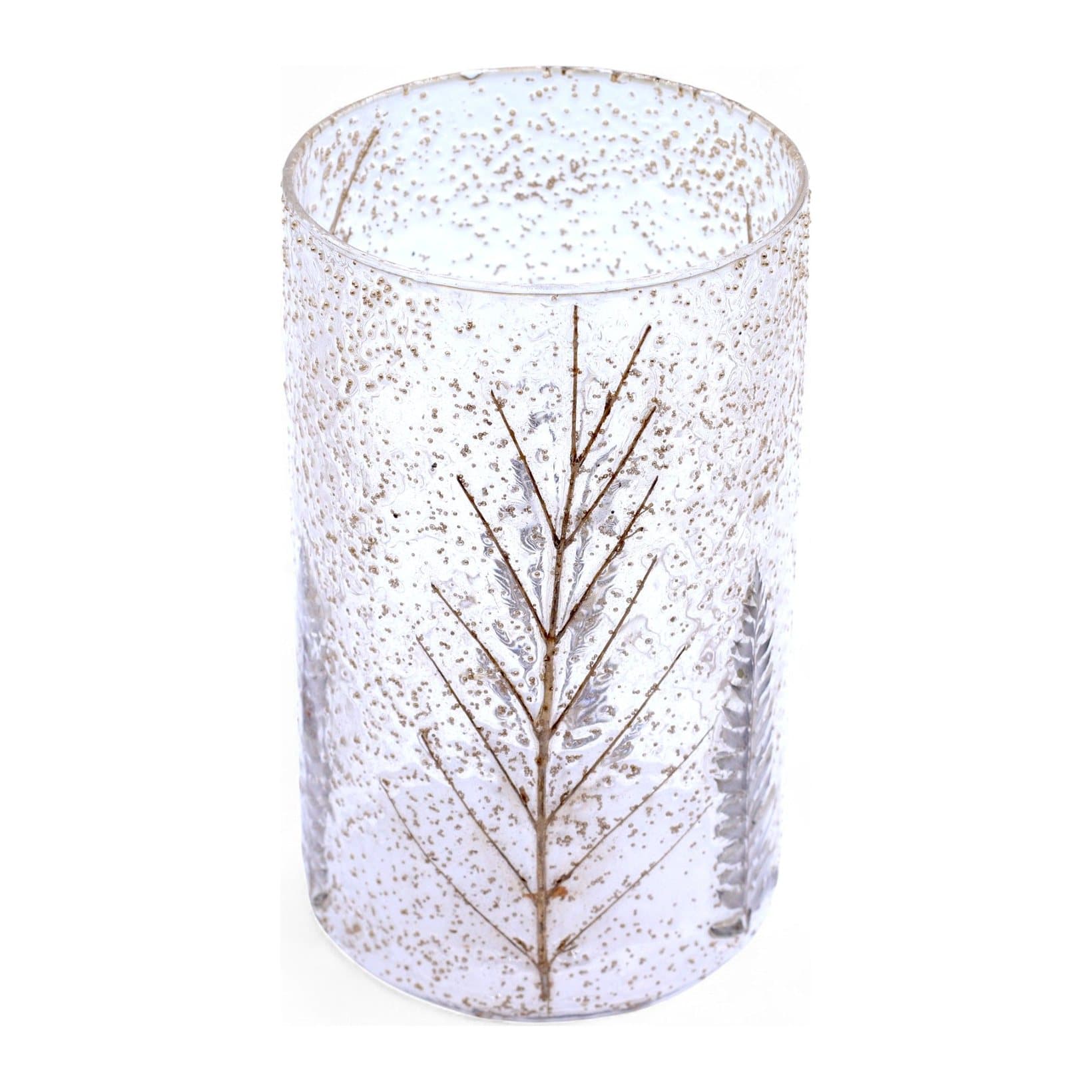Tall clear glass vase with real pressed leaves set inside the glass