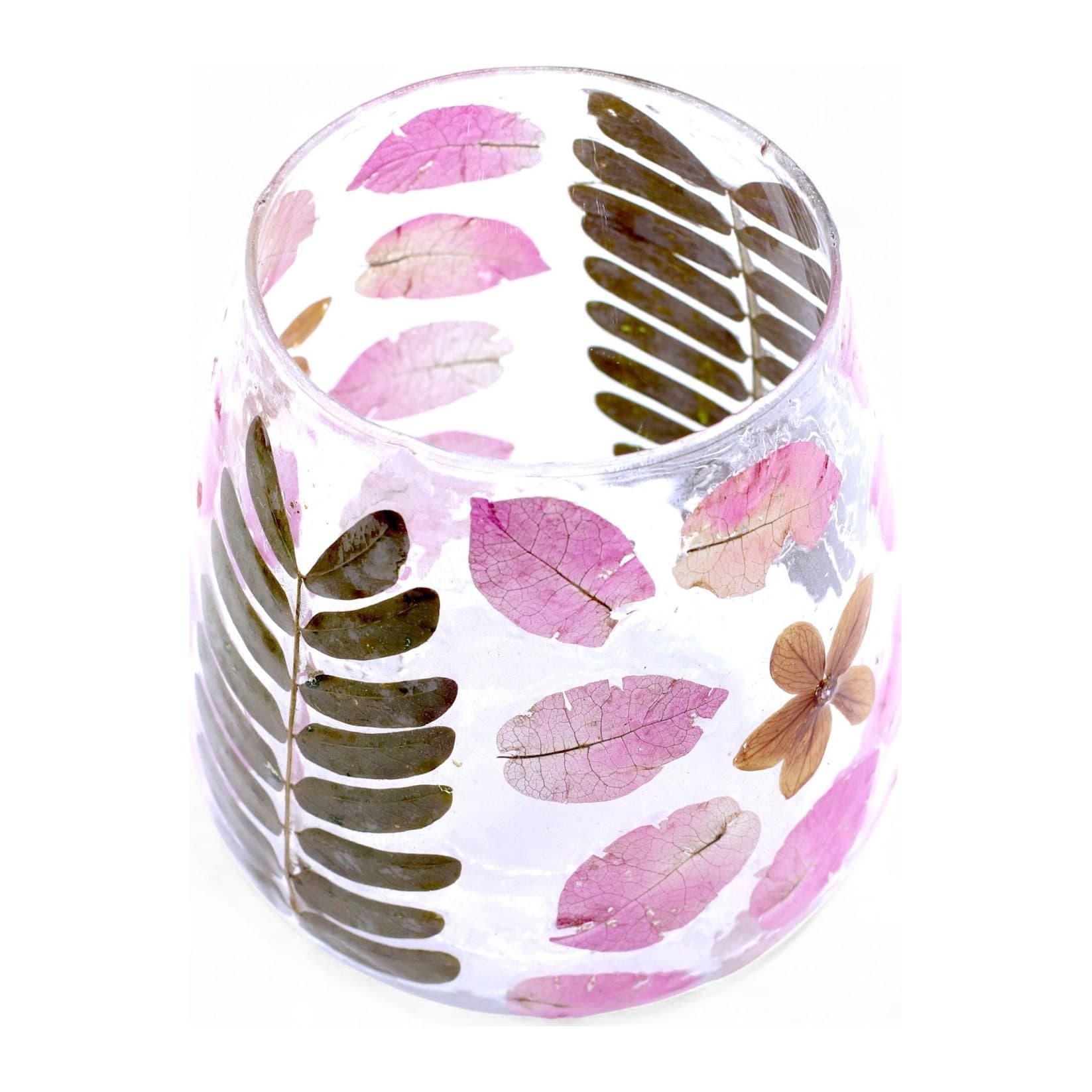 Clear recycled glass candle holder with real dried flowers