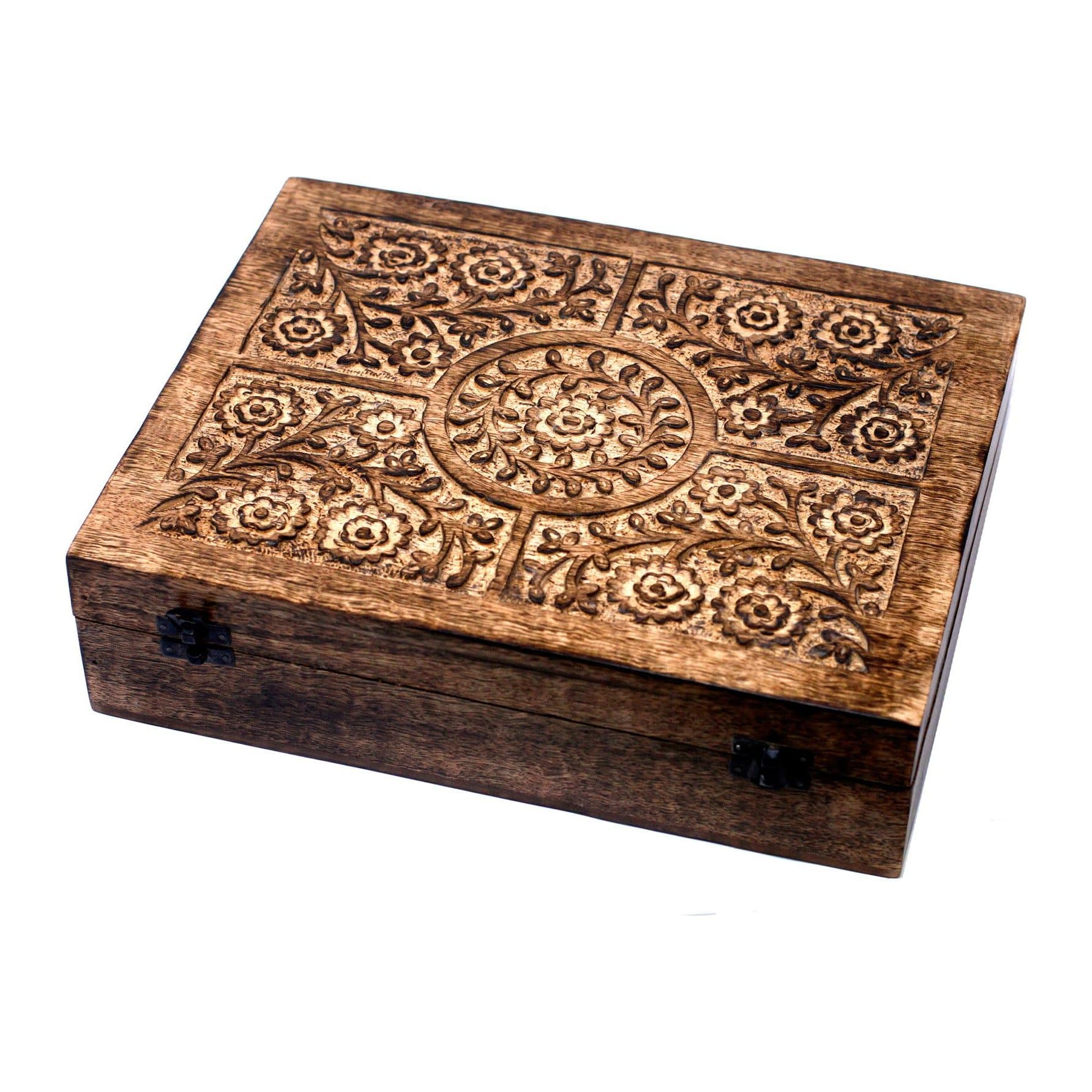 Carved floral mango wood box for small oil bottles