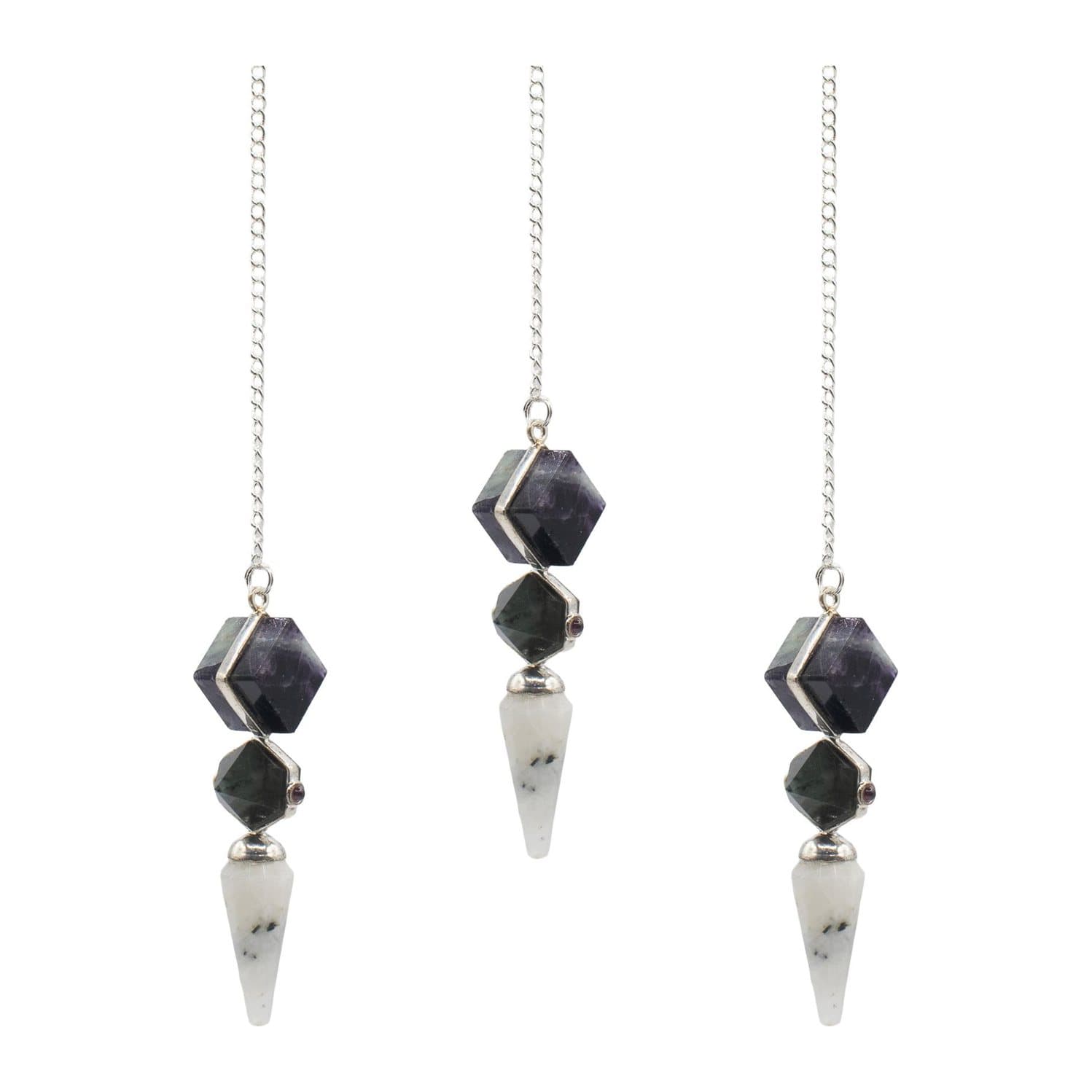Three-piece pendulum of fluorite, labradorite and rainbow moonstone