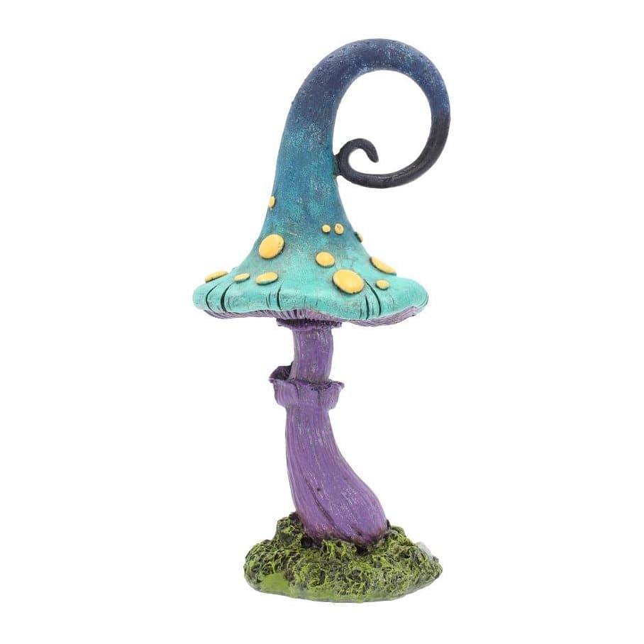 Resin fairy toadstool with a curled indigo to teal cap, yellow spots and lilac stem