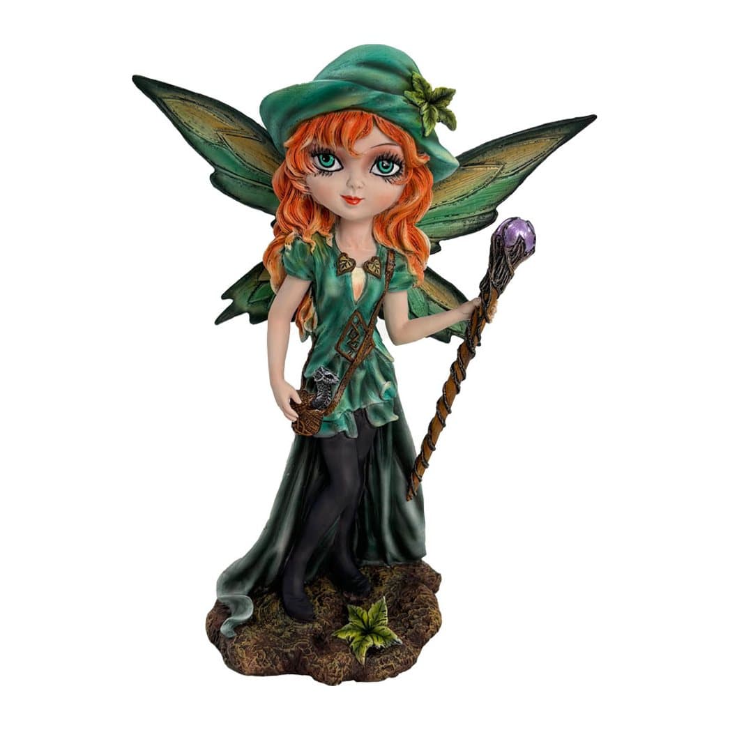 Standing fairy figurine with red hair, jewel staff and baby dragon