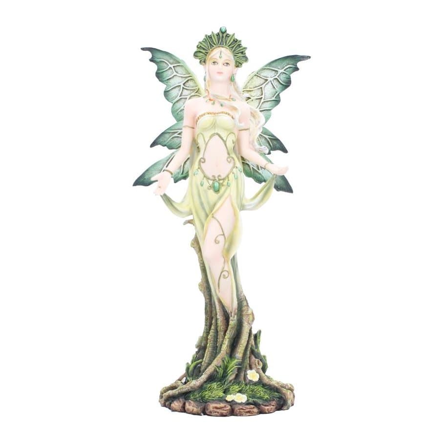 Green fairy figurine with dark green wings and leafy crown on a flowery base