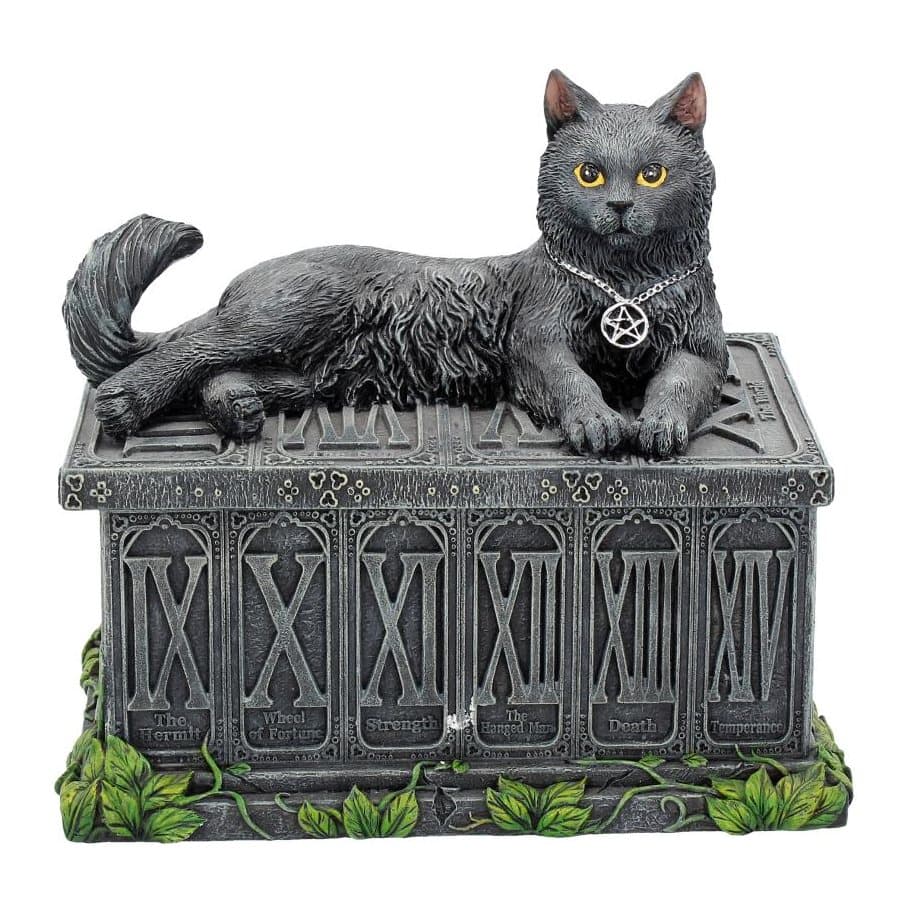 Tarot box styled as a stone altar with a black cat on top