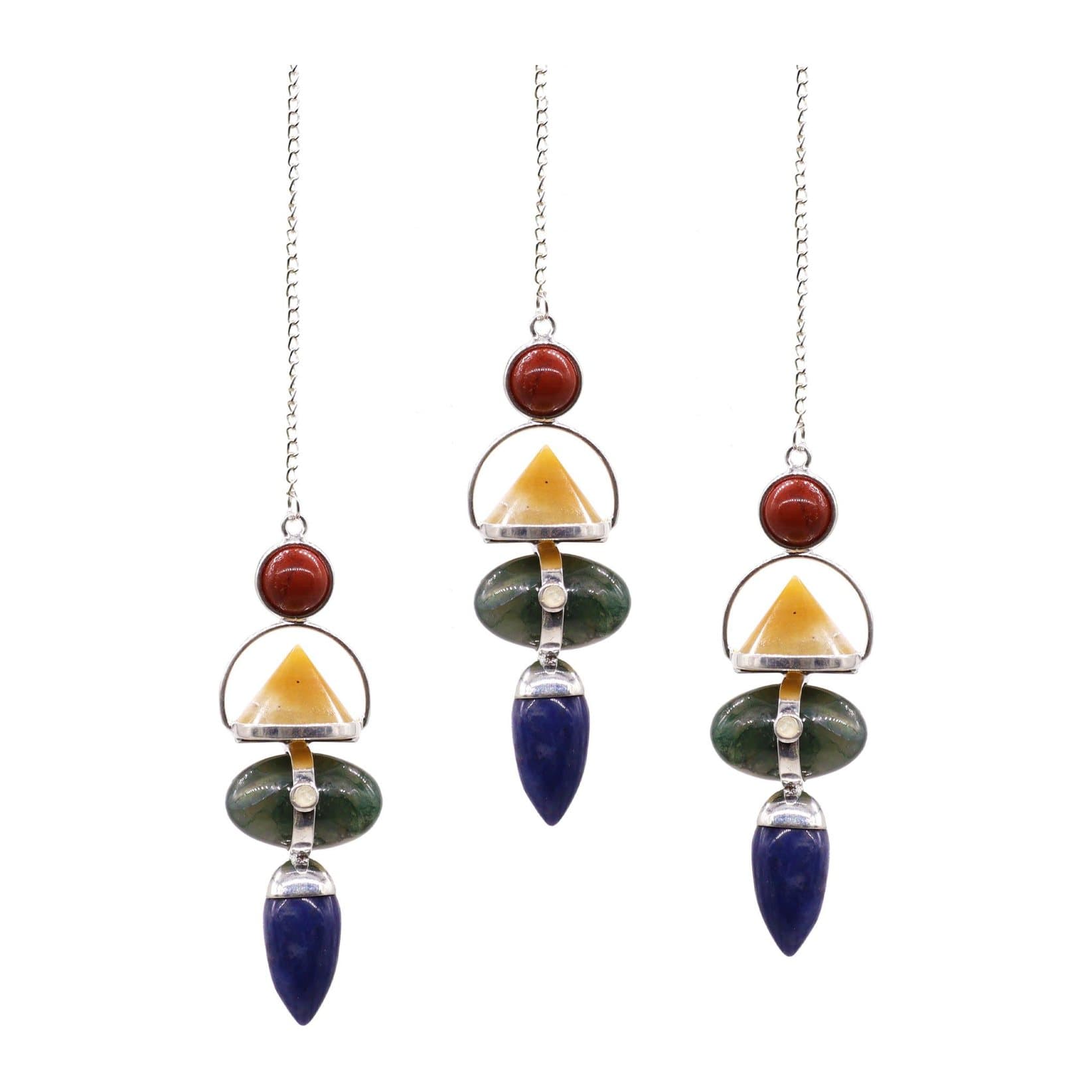 Gemstone pendulum of red jasper, aventurine, moss agate, sodalite and moonstone