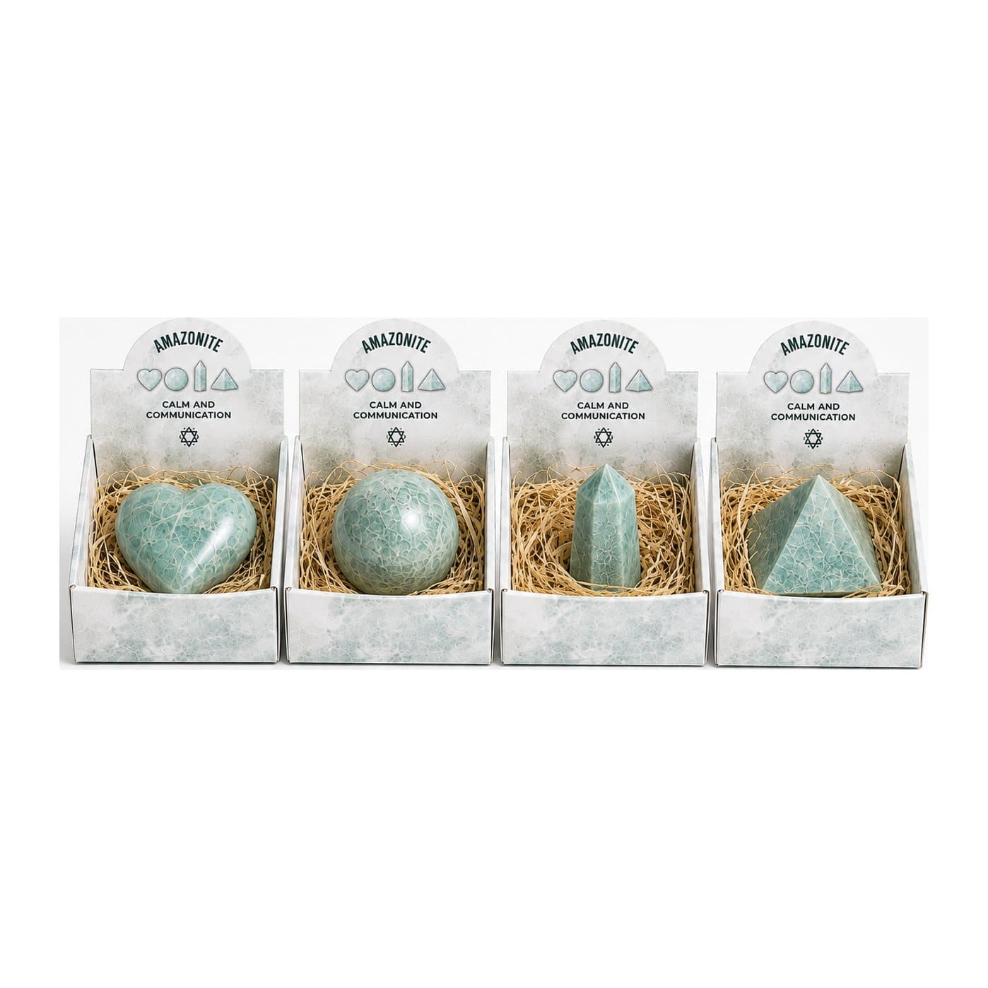 Set of four amazonite crystal shapes: heart, sphere, obelisk and pyramid