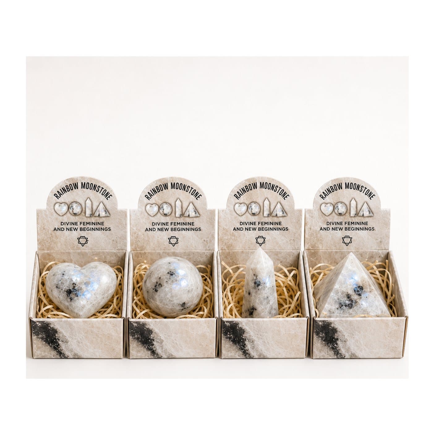 Rainbow moonstone heart, sphere, obelisk and pyramid