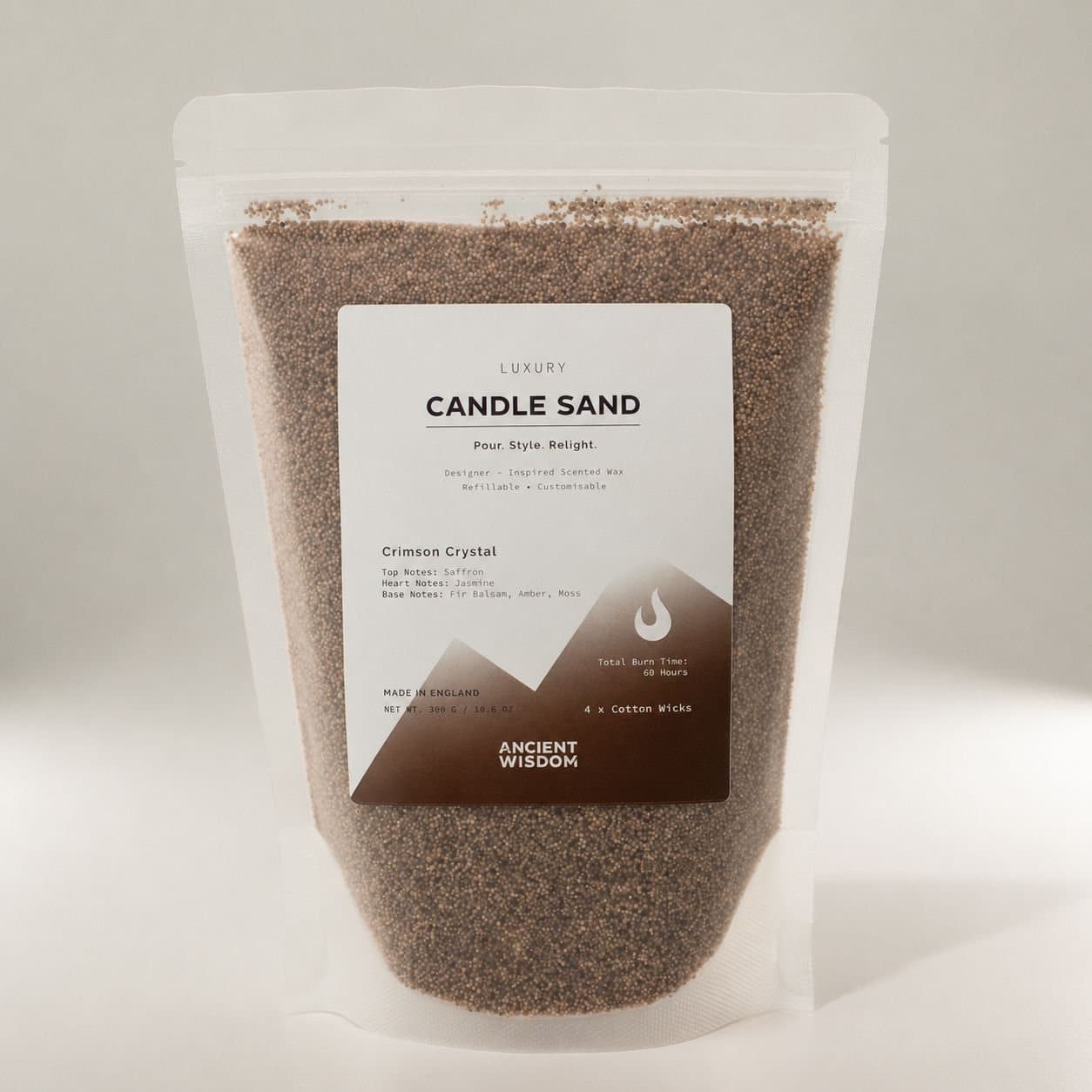 Resealable pouch of mocha-brown Crimson Crystal candle sand