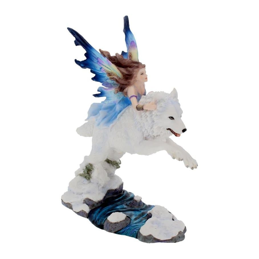 Fairy with indigo and lilac wings riding a white wolf over a rocky stream