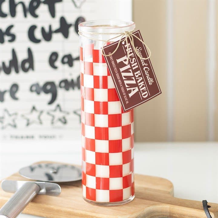 Fresh baked pizza scented tube candle with pizza parlour tile design