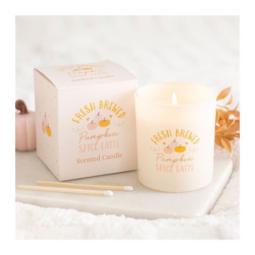 Pumpkin spice latte scented glass candle with its matching box