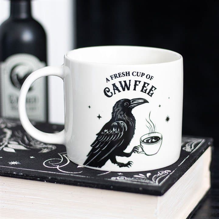 Ceramic Fresh Cup of Cawfee mug with a raven holding a steaming cup