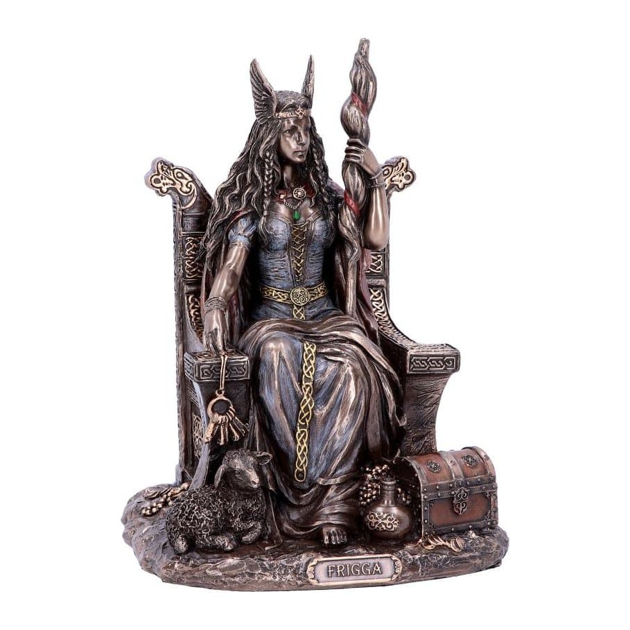 Bronzed resin Frigga figure seated on a throne holding a staff and keys