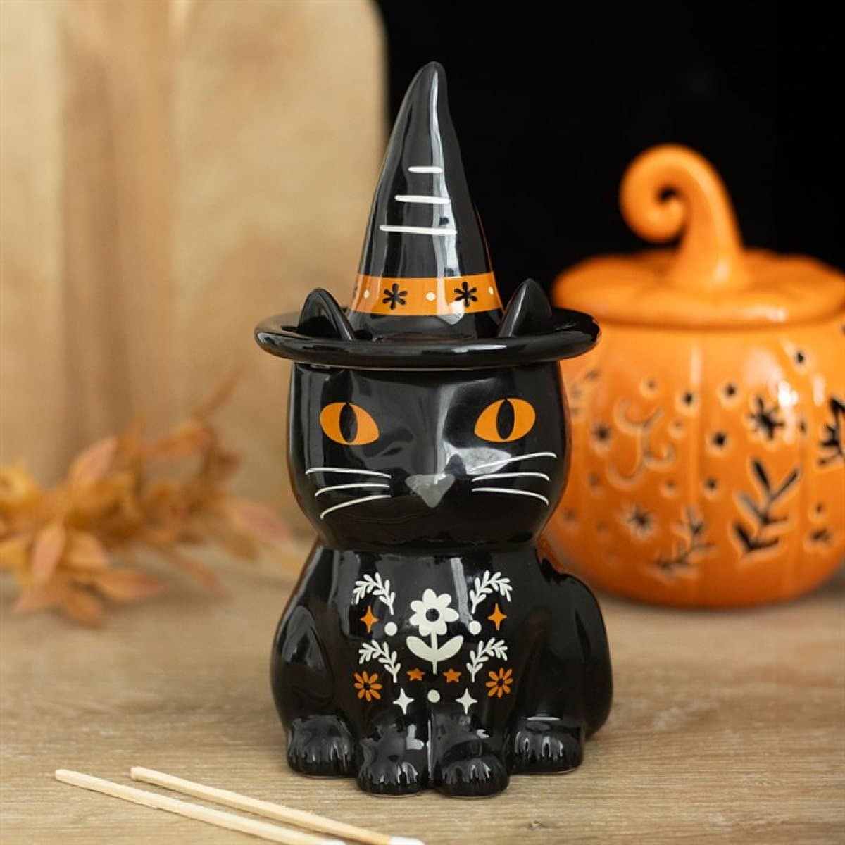 Black cat ceramic oil burner with lid and simple floral details