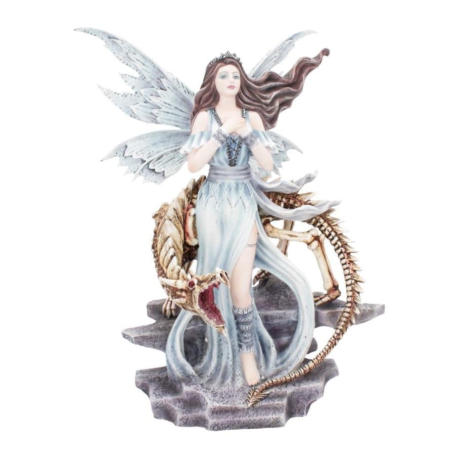 Hand-painted resin Frost Fairy Lexa in an icy blue dress beside a dragon