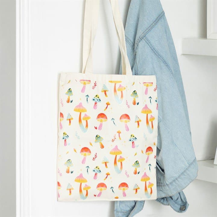 Polycotton canvas tote bag with a vibrant mushroom print
